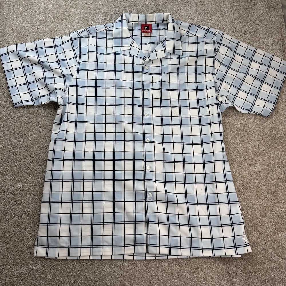 Y2K Re:verb Shirt Mens XL Blue Plaid Short Sleeve Button Up Polyester Casual